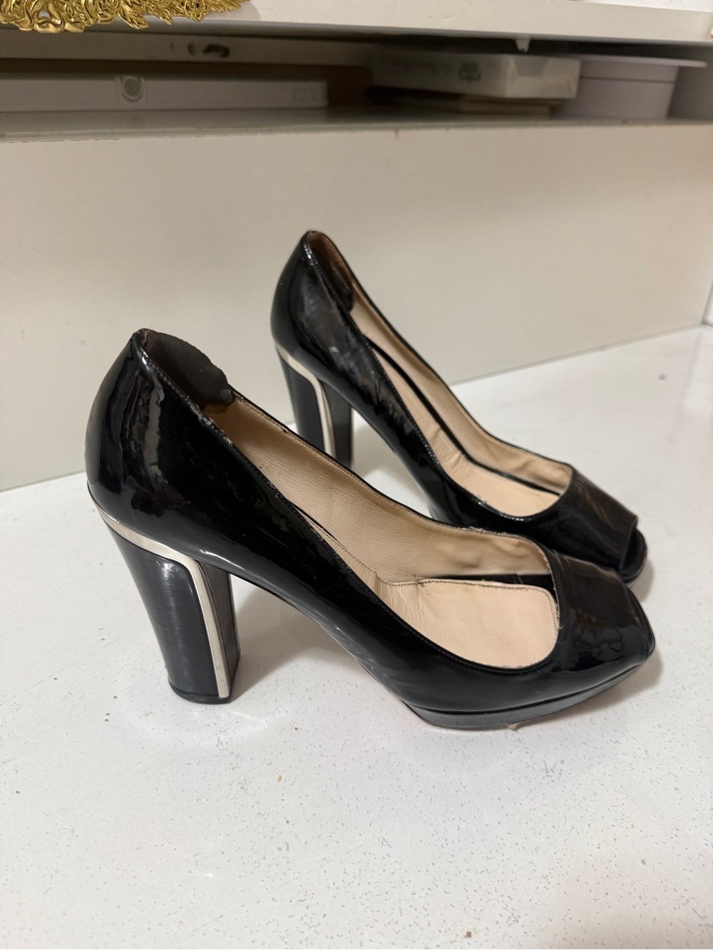Prada Black Patent Peep-Toe Heels. Chic and very comfy, perfect for wider feet